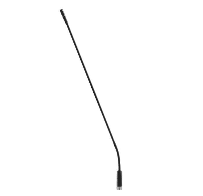 Конденсаторный микрофон на гусиной шее, одна гибкая секция у основания, 10-контактный разъём, длина 63 см, двухцветный индикатор у микрофона, диаграмма кардиоида, ветрозащита в комплекте, цвет чёрный