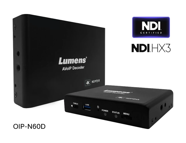 OIP-N60D — это декодер 4K NDI HX3 и RTSP, который выводит видео по HDMI с одновременным выводом UVC по USB.