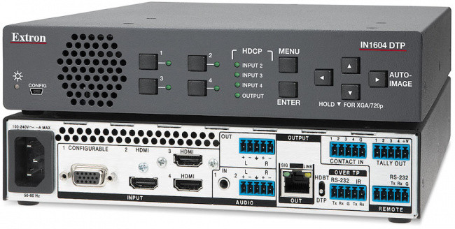 HDCP-совместимый скалер на четыре входа с передачей DTP