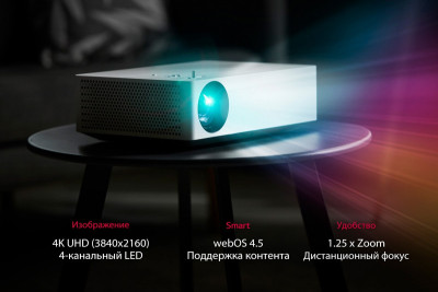 Компания LG Electronics представляет на российском рынке компактный проектор для домашнего кинотеатра LG CineBeam HU70LS, который отличается разрешением 4K UHD (3840x2160), 4-канальным LED источником света, яркостью 1500 Люмен и широкими возможностями для беспроводных подключений.